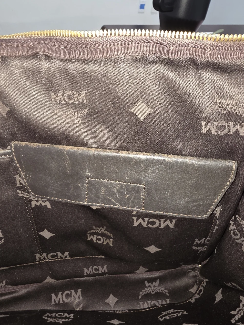 MCM Brown Leather Laptop Briefcase with Striped Webbing Straps